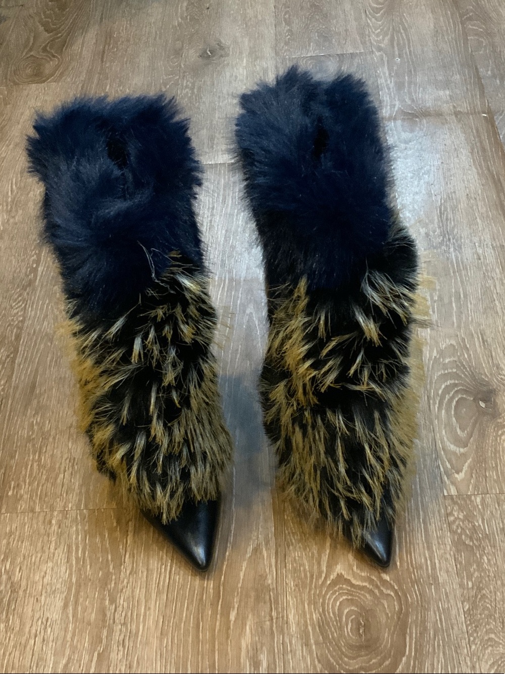 Faux Fur Pointed-Toe Heeled Boots in Black and Brown